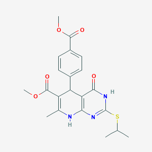 molecular formula C21H23N3O5S B2662972 Methyl 2-(isopropylthio)-5-(4-(methoxycarbonyl)phenyl)-7-methyl-4-oxo-3,4,5,8-tetrahydropyrido[2,3-d]pyrimidine-6-carboxylate CAS No. 924109-73-9