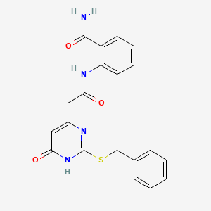 molecular formula C20H18N4O3S B2662978 2-(2-(2-(Benzylthio)-6-oxo-1,6-dihydropyrimidin-4-yl)acetamido)benzamide CAS No. 1105236-05-2