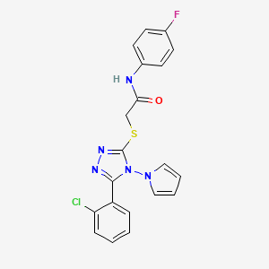 molecular formula C20H15ClFN5OS B2663009 2-{[5-(2-chlorophenyl)-4-(1H-pyrrol-1-yl)-4H-1,2,4-triazol-3-yl]sulfanyl}-N-(4-fluorophenyl)acetamide CAS No. 886928-79-6