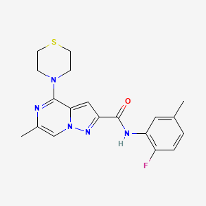 molecular formula C19H20FN5OS B2663326 N-(2-fluoro-5-methylphenyl)-6-methyl-4-(thiomorpholin-4-yl)pyrazolo[1,5-a]pyrazine-2-carboxamide CAS No. 1775441-58-1