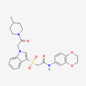 molecular formula C26H29N3O6S B2663379 N-(2,3-dihydrobenzo[b][1,4]dioxin-6-yl)-2-((1-(2-(4-methylpiperidin-1-yl)-2-oxoethyl)-1H-indol-3-yl)sulfonyl)acetamide CAS No. 878059-94-0