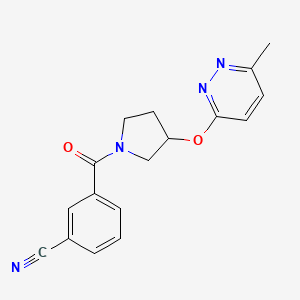 molecular formula C17H16N4O2 B2663435 3-(3-((6-Methylpyridazin-3-yl)oxy)pyrrolidine-1-carbonyl)benzonitrile CAS No. 2034435-76-0