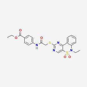 molecular formula C23H22N4O5S2 B2663585 ethyl 4-[2-({9-ethyl-8,8-dioxo-8lambda6-thia-3,5,9-triazatricyclo[8.4.0.0^{2,7}]tetradeca-1(14),2(7),3,5,10,12-hexaen-4-yl}sulfanyl)acetamido]benzoate CAS No. 950470-72-1