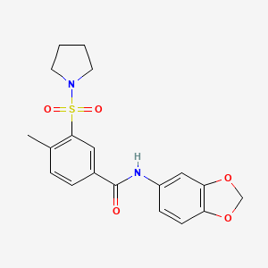 molecular formula C19H20N2O5S B2663727 N-1,3-benzodioxol-5-yl-4-methyl-3-(1-pyrrolidinylsulfonyl)benzamide CAS No. 690246-93-6
