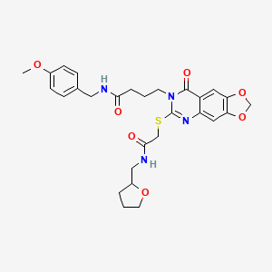 molecular formula C28H32N4O7S B2663753 N-[(4-methoxyphenyl)methyl]-4-{8-oxo-6-[({[(oxolan-2-yl)methyl]carbamoyl}methyl)sulfanyl]-2H,7H,8H-[1,3]dioxolo[4,5-g]quinazolin-7-yl}butanamide CAS No. 688060-08-4