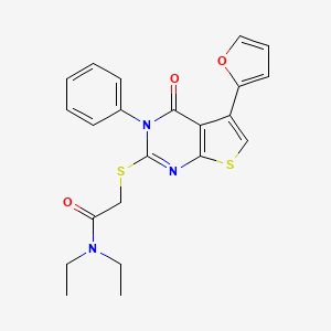 molecular formula C22H21N3O3S2 B2663762 N,N-diethyl-2-{[5-(furan-2-yl)-4-oxo-3-phenyl-3H,4H-thieno[2,3-d]pyrimidin-2-yl]sulfanyl}acetamide CAS No. 683780-00-9