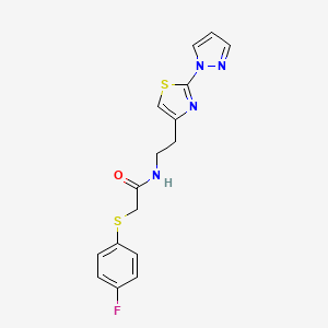 molecular formula C16H15FN4OS2 B2663833 N-(2-(2-(1H-pyrazol-1-yl)thiazol-4-yl)ethyl)-2-((4-fluorophenyl)thio)acetamide CAS No. 1428365-53-0