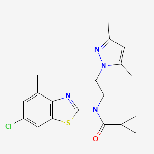 molecular formula C19H21ClN4OS B2664015 N-(6-chloro-4-methyl-1,3-benzothiazol-2-yl)-N-[2-(3,5-dimethyl-1H-pyrazol-1-yl)ethyl]cyclopropanecarboxamide CAS No. 1171899-37-8