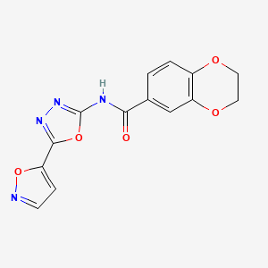 molecular formula C14H10N4O5 B2664063 N-(5-(isoxazol-5-yl)-1,3,4-oxadiazol-2-yl)-2,3-dihydrobenzo[b][1,4]dioxine-6-carboxamide CAS No. 946312-82-9