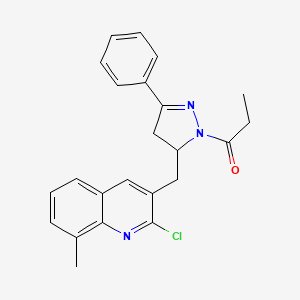 molecular formula C23H22ClN3O B2664074 1-{5-[(2-chloro-8-methylquinolin-3-yl)methyl]-3-phenyl-4,5-dihydro-1H-pyrazol-1-yl}propan-1-one CAS No. 361479-97-2