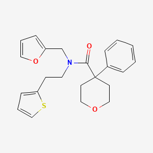 molecular formula C23H25NO3S B2664223 N-(furan-2-ylmethyl)-4-phenyl-N-(2-(thiophen-2-yl)ethyl)tetrahydro-2H-pyran-4-carboxamide CAS No. 1396853-34-1