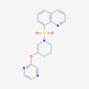 molecular formula C18H18N4O3S B2664259 8-((3-(Pyrazin-2-yloxy)piperidin-1-yl)sulfonyl)quinoline CAS No. 2034502-50-4