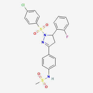 molecular formula C22H19ClFN3O4S2 B2664323 N-(4-(1-((4-chlorophenyl)sulfonyl)-5-(2-fluorophenyl)-4,5-dihydro-1H-pyrazol-3-yl)phenyl)methanesulfonamide CAS No. 851781-05-0