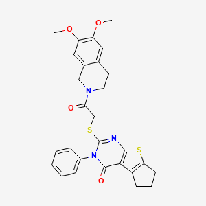 molecular formula C28H27N3O4S2 B2664347 10-{[2-(6,7-dimethoxy-1,2,3,4-tetrahydroisoquinolin-2-yl)-2-oxoethyl]sulfanyl}-11-phenyl-7-thia-9,11-diazatricyclo[6.4.0.0^{2,6}]dodeca-1(8),2(6),9-trien-12-one CAS No. 700860-22-6