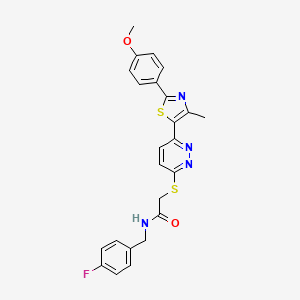 molecular formula C24H21FN4O2S2 B2664436 N-[(4-fluorophenyl)methyl]-2-({6-[2-(4-methoxyphenyl)-4-methyl-1,3-thiazol-5-yl]pyridazin-3-yl}sulfanyl)acetamide CAS No. 954696-79-8
