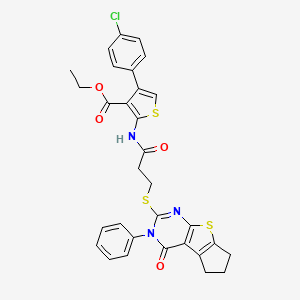 molecular formula C31H26ClN3O4S3 B2664441 ethyl 4-(4-chlorophenyl)-2-(3-((4-oxo-3-phenyl-4,5,6,7-tetrahydro-3H-cyclopenta[4,5]thieno[2,3-d]pyrimidin-2-yl)thio)propanamido)thiophene-3-carboxylate CAS No. 670273-17-3