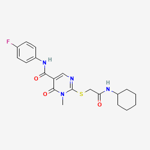 molecular formula C20H23FN4O3S B2664497 2-[2-(cyclohexylamino)-2-oxoethyl]sulfanyl-N-(4-fluorophenyl)-1-methyl-6-oxopyrimidine-5-carboxamide CAS No. 894027-27-1