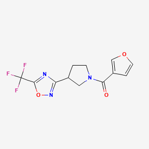molecular formula C12H10F3N3O3 B2664518 3-[1-(furan-3-carbonyl)pyrrolidin-3-yl]-5-(trifluoromethyl)-1,2,4-oxadiazole CAS No. 2034371-78-1