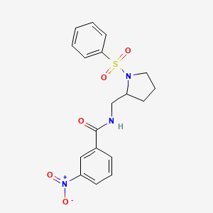 molecular formula C18H19N3O5S B2664585 3-nitro-N-((1-(phenylsulfonyl)pyrrolidin-2-yl)methyl)benzamide CAS No. 896265-97-7
