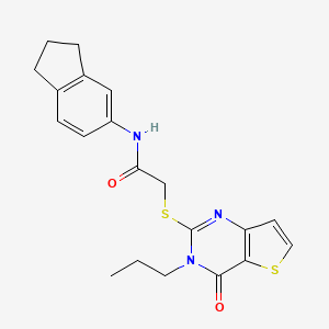 molecular formula C20H21N3O2S2 B2664590 N-(2,3-dihydro-1H-inden-5-yl)-2-({4-oxo-3-propyl-3H,4H-thieno[3,2-d]pyrimidin-2-yl}sulfanyl)acetamide CAS No. 1252901-99-7