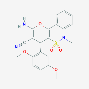 molecular formula C21H19N3O5S B2664595 2-Amino-4-(2,5-dimethoxyphenyl)-6-methyl-4,6-dihydropyrano[3,2-c][2,1]benzothiazine-3-carbonitrile 5,5-dioxide CAS No. 893289-23-1