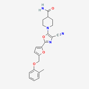 molecular formula C22H22N4O4 B2664680 1-(4-cyano-2-{5-[(2-methylphenoxy)methyl]furan-2-yl}-1,3-oxazol-5-yl)piperidine-4-carboxamide CAS No. 941904-00-3
