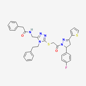 molecular formula C34H31FN6O2S2 B2664881 N-((5-((2-(5-(4-fluorophenyl)-3-(thiophen-2-yl)-4,5-dihydro-1H-pyrazol-1-yl)-2-oxoethyl)thio)-4-phenethyl-4H-1,2,4-triazol-3-yl)methyl)-2-phenylacetamide CAS No. 361149-42-0