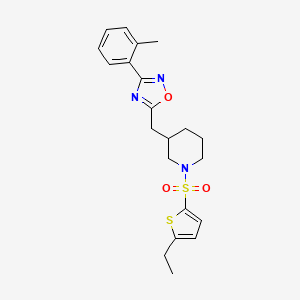 molecular formula C21H25N3O3S2 B2664889 5-((1-((5-Ethylthiophen-2-yl)sulfonyl)piperidin-3-yl)methyl)-3-(o-tolyl)-1,2,4-oxadiazole CAS No. 1706014-00-7