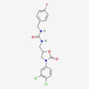 molecular formula C18H16Cl2FN3O3 B2664908 1-((3-(3,4-Dichlorophenyl)-2-oxooxazolidin-5-yl)methyl)-3-(4-fluorobenzyl)urea CAS No. 955255-72-8