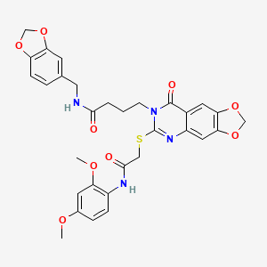 molecular formula C31H30N4O9S B2665012 N-(1,3-benzodioxol-5-ylmethyl)-4-[6-({2-[(2,4-dimethoxyphenyl)amino]-2-oxoethyl}thio)-8-oxo[1,3]dioxolo[4,5-g]quinazolin-7(8H)-yl]butanamide CAS No. 688060-36-8