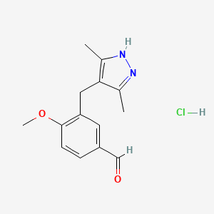 molecular formula C14H17ClN2O2 B2665056 3-(3,5-二甲基-1H-吡唑-4-基甲基)-4-甲氧基苯甲醛盐酸盐 CAS No. 1033076-71-9
