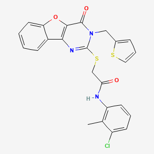 molecular formula C24H18ClN3O3S2 B2665063 N-(3-chloro-2-methylphenyl)-2-({6-oxo-5-[(thiophen-2-yl)methyl]-8-oxa-3,5-diazatricyclo[7.4.0.0^{2,7}]trideca-1(9),2(7),3,10,12-pentaen-4-yl}sulfanyl)acetamide CAS No. 899754-75-7