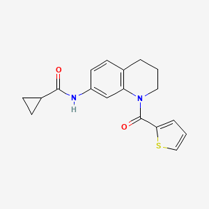 molecular formula C18H18N2O2S B2665262 N-[1-(thiophene-2-carbonyl)-1,2,3,4-tetrahydroquinolin-7-yl]cyclopropanecarboxamide CAS No. 946265-98-1
