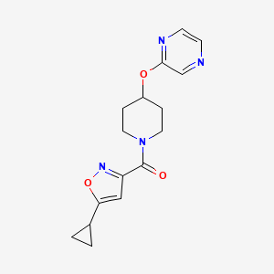 molecular formula C16H18N4O3 B2665365 (5-Cyclopropylisoxazol-3-yl)(4-(pyrazin-2-yloxy)piperidin-1-yl)methanone CAS No. 1448133-48-9