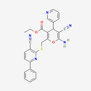 molecular formula C27H21N5O3S B2665378 ethyl 6-amino-5-cyano-2-{[(3-cyano-6-phenylpyridin-2-yl)sulfanyl]methyl}-4-(pyridin-3-yl)-4H-pyran-3-carboxylate CAS No. 340818-10-2