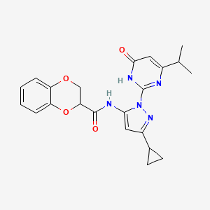 molecular formula C22H23N5O4 B2665399 N-(3-cyclopropyl-1-(4-isopropyl-6-oxo-1,6-dihydropyrimidin-2-yl)-1H-pyrazol-5-yl)-2,3-dihydrobenzo[b][1,4]dioxine-2-carboxamide CAS No. 1207044-34-5