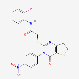 molecular formula C20H15FN4O4S2 B2665433 N-(2-fluorophenyl)-2-((3-(4-nitrophenyl)-4-oxo-3,4,6,7-tetrahydrothieno[3,2-d]pyrimidin-2-yl)thio)acetamide CAS No. 687568-14-5