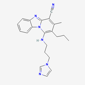 molecular formula C22H24N6 B2665490 1-((3-(1H-imidazol-1-yl)propyl)amino)-3-methyl-2-propylbenzo[4,5]imidazo[1,2-a]pyridine-4-carbonitrile CAS No. 848924-91-4
