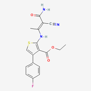 molecular formula C18H16FN3O3S B2665586 ethyl 2-[[(E)-4-amino-3-cyano-4-oxobut-2-en-2-yl]amino]-4-(4-fluorophenyl)thiophene-3-carboxylate CAS No. 875317-71-8