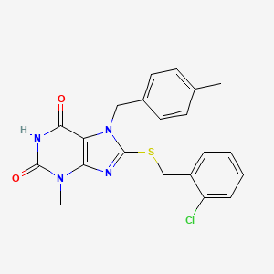 molecular formula C21H19ClN4O2S B2665655 8-((2-chlorobenzyl)thio)-3-methyl-7-(4-methylbenzyl)-1H-purine-2,6(3H,7H)-dione CAS No. 313469-89-5