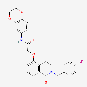 molecular formula C26H23FN2O5 B2665659 N-(2,3-dihydrobenzo[b][1,4]dioxin-6-yl)-2-((2-(4-fluorobenzyl)-1-oxo-1,2,3,4-tetrahydroisoquinolin-5-yl)oxy)acetamide CAS No. 850906-03-5
