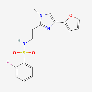 molecular formula C16H16FN3O3S B2666041 2-fluoro-N-(2-(4-(furan-2-yl)-1-methyl-1H-imidazol-2-yl)ethyl)benzenesulfonamide CAS No. 1421441-98-6