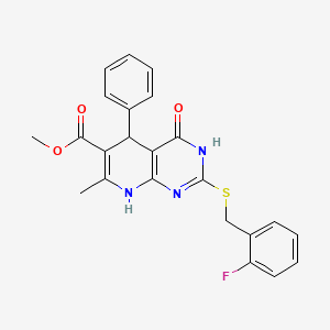 molecular formula C23H20FN3O3S B2666061 Methyl 2-((2-fluorobenzyl)thio)-7-methyl-4-oxo-5-phenyl-3,4,5,8-tetrahydropyrido[2,3-d]pyrimidine-6-carboxylate CAS No. 537663-68-6