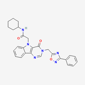 molecular formula C27H26N6O3 B2666071 N-cyclohexyl-2-{4-oxo-3-[(3-phenyl-1,2,4-oxadiazol-5-yl)methyl]-3H,4H,5H-pyrimido[5,4-b]indol-5-yl}acetamide CAS No. 1112009-77-4