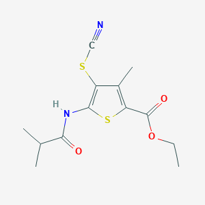 molecular formula C13H16N2O3S2 B2666077 Ethyl 5-isobutyramido-3-methyl-4-thiocyanatothiophene-2-carboxylate CAS No. 681155-87-3