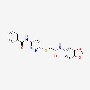 molecular formula C20H16N4O4S B2666201 N-(6-((2-(benzo[d][1,3]dioxol-5-ylamino)-2-oxoethyl)thio)pyridazin-3-yl)benzamide CAS No. 1021119-89-0