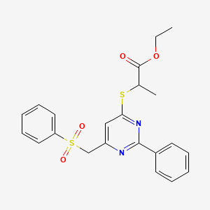 molecular formula C22H22N2O4S2 B2666209 Ethyl 2-({2-phenyl-6-[(phenylsulfonyl)methyl]-4-pyrimidinyl}sulfanyl)propanoate CAS No. 860649-58-7