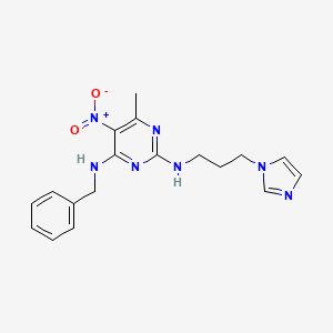 molecular formula C18H21N7O2 B2666300 N2-(3-(1H-imidazol-1-yl)propyl)-N4-benzyl-6-methyl-5-nitropyrimidine-2,4-diamine CAS No. 1208822-65-4