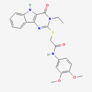 molecular formula C22H22N4O4S B2666316 N-(3,4-dimethoxyphenyl)-2-({3-ethyl-4-oxo-3H,4H,5H-pyrimido[5,4-b]indol-2-yl}sulfanyl)acetamide CAS No. 888460-54-6