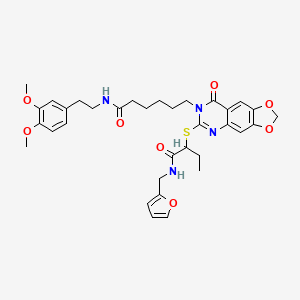 molecular formula C34H40N4O8S B2666332 N-[2-(3,4-dimethoxyphenyl)ethyl]-6-{6-[(1-{[(furan-2-yl)methyl]carbamoyl}propyl)sulfanyl]-8-oxo-2H,7H,8H-[1,3]dioxolo[4,5-g]quinazolin-7-yl}hexanamide CAS No. 688061-67-8